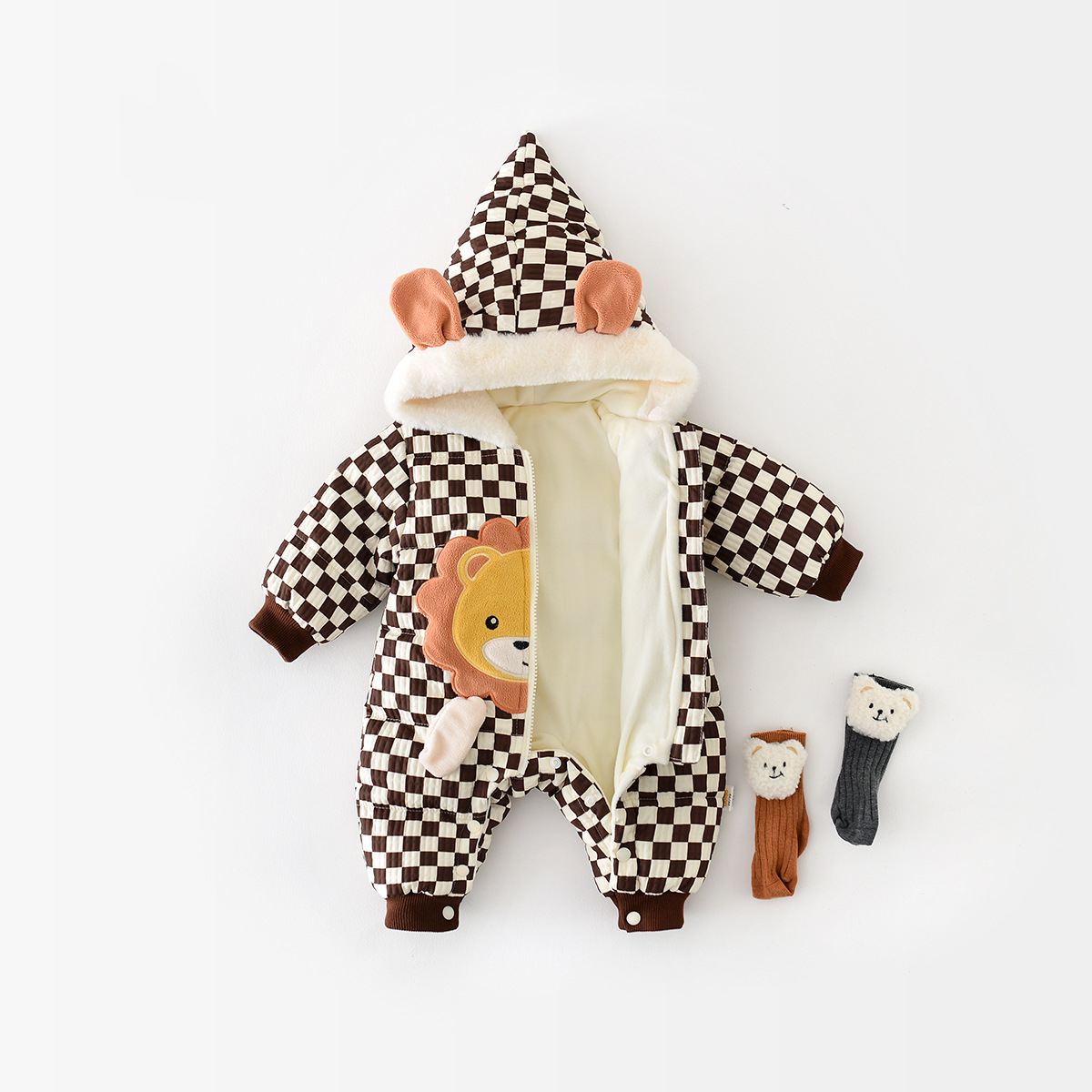 Baby Boy Winter Thicken Plaid Lion Graphic Long Sleeve Romper-kissminis