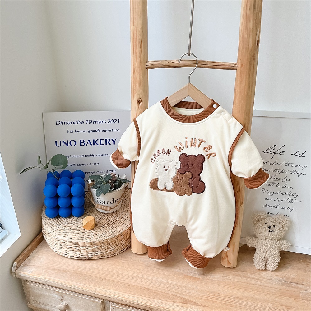 Baby Boy Winter Bear and Letter Patch Long Sleeve Fluff Romper-kissminis
