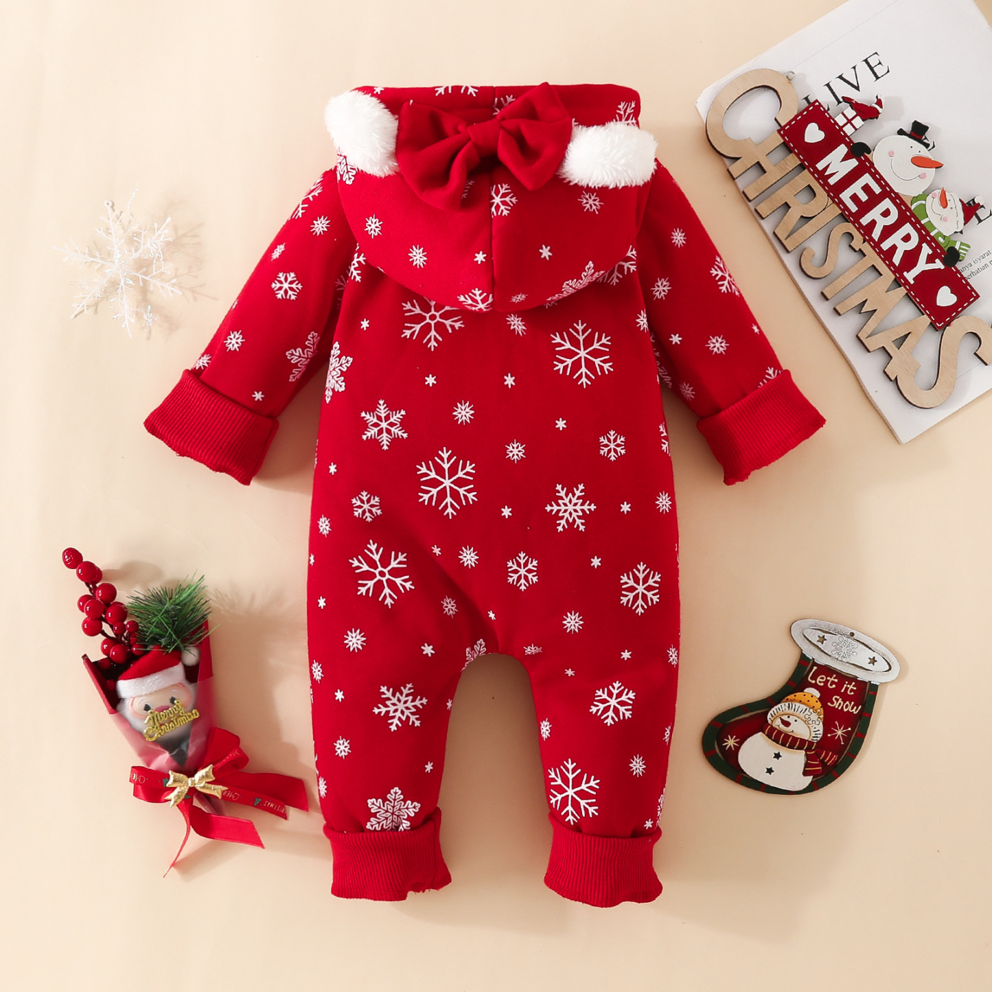 Newborn Baby Girl Christmas Bowknot Ear Design Long Sleeve Hooded Romper-kissminis