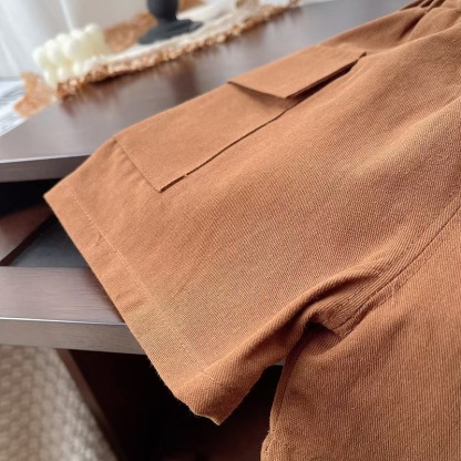 Navy and Beige Striped Polo Short Sleeve Shirt and Brown Shorts Set