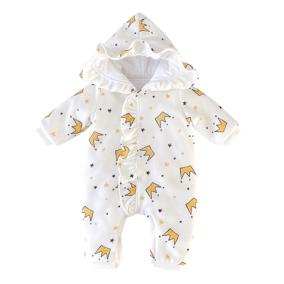 Baby Girl Allover Little Crown and Star Pattern Thicken Long Sleeve Hooded Romper-kissminis