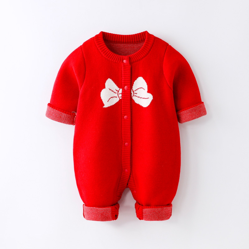 2pcs Baby Boy/Girl Bowknot Graphic Long Sleeve Knitted Romper with Hat Set-kissminis