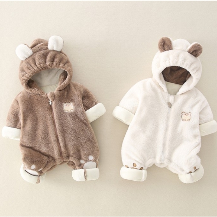 Baby Boy/Girl Winter Thicken Porket Embroidery Long Sleeve Hooded Fluff Romper-kissminis