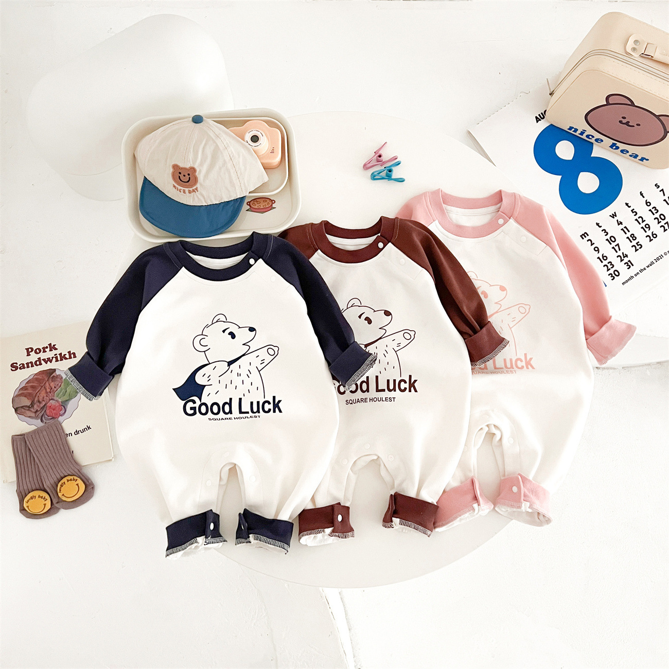 Baby Boy/Girl "GOOD LUCK "Little Bear Print Romper-kissminis