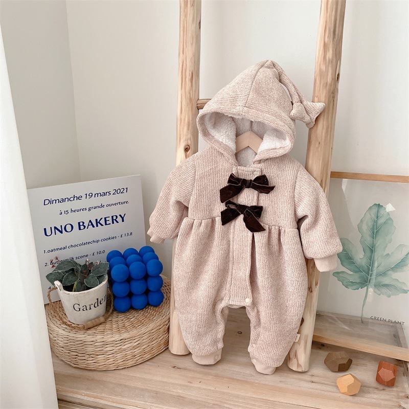 Baby Girl Winter Bowknot Design Long Sleeve Thicken Fluff Hooded Romper-kissminis