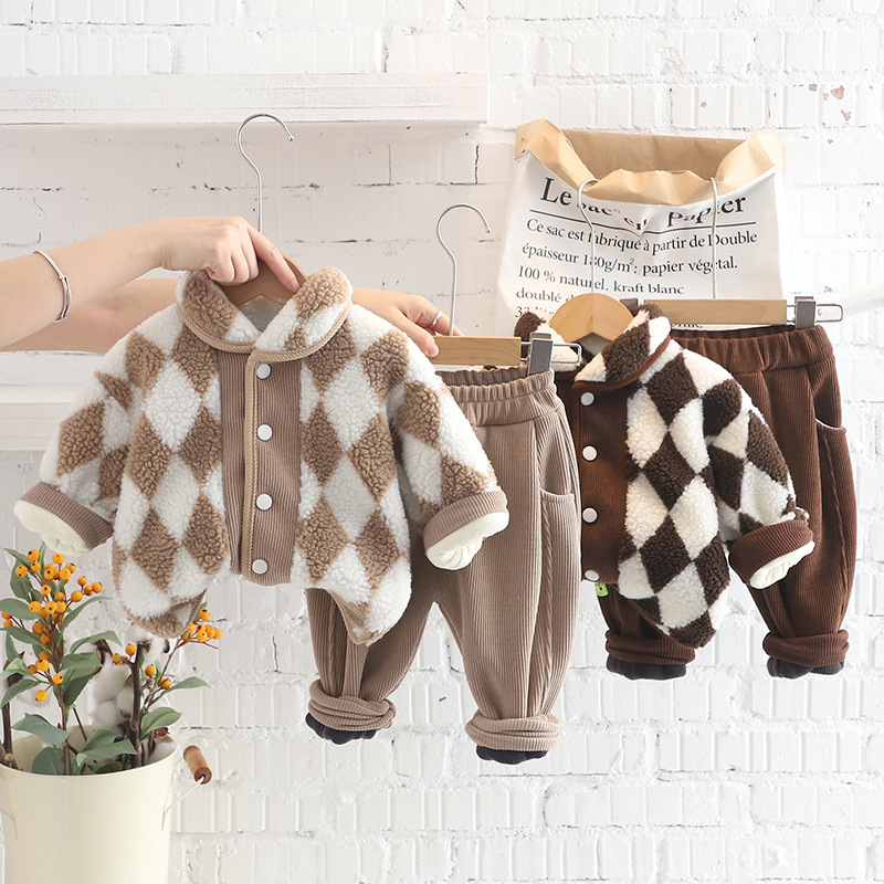 Winter Fleece 2pcs Toddler Diamond Pattern Sweatshirt and Pant Set-kissminis