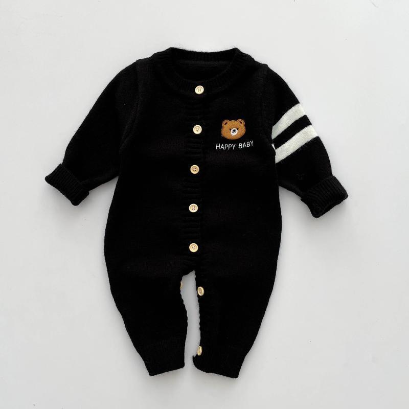 Baby Boy/Girl Bear Graphic Button closure Long Sleeve Knitted Romper-kissminis