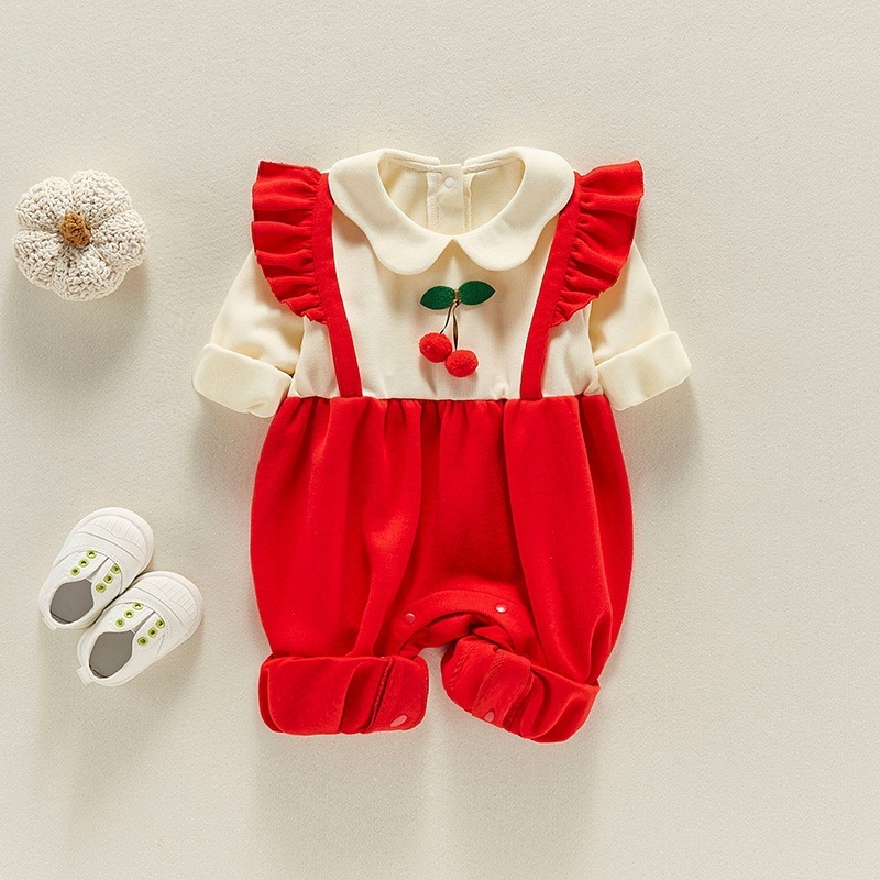 Baby Girl 3D Fruit/Floral Mock Two-pieces Ruffle Sleeve Romper-kissminis