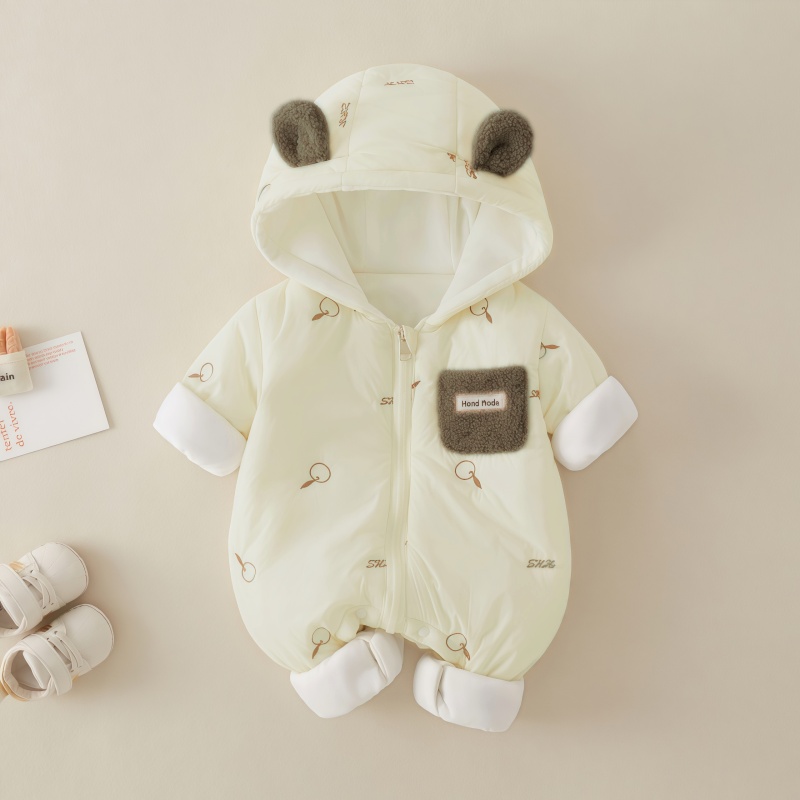 Baby Boy/Girl Winter Allover Apple Pattern and Bear Ears Design Long Sleeve Hooded Romper