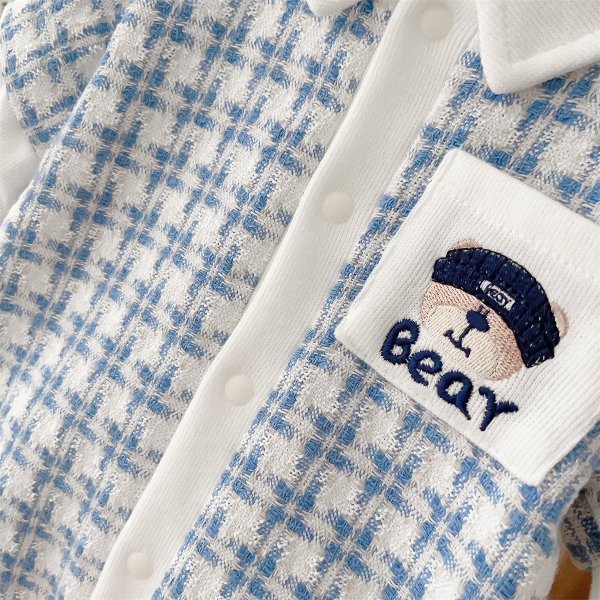 Bear Pocket Emblem Houndstooth Romper