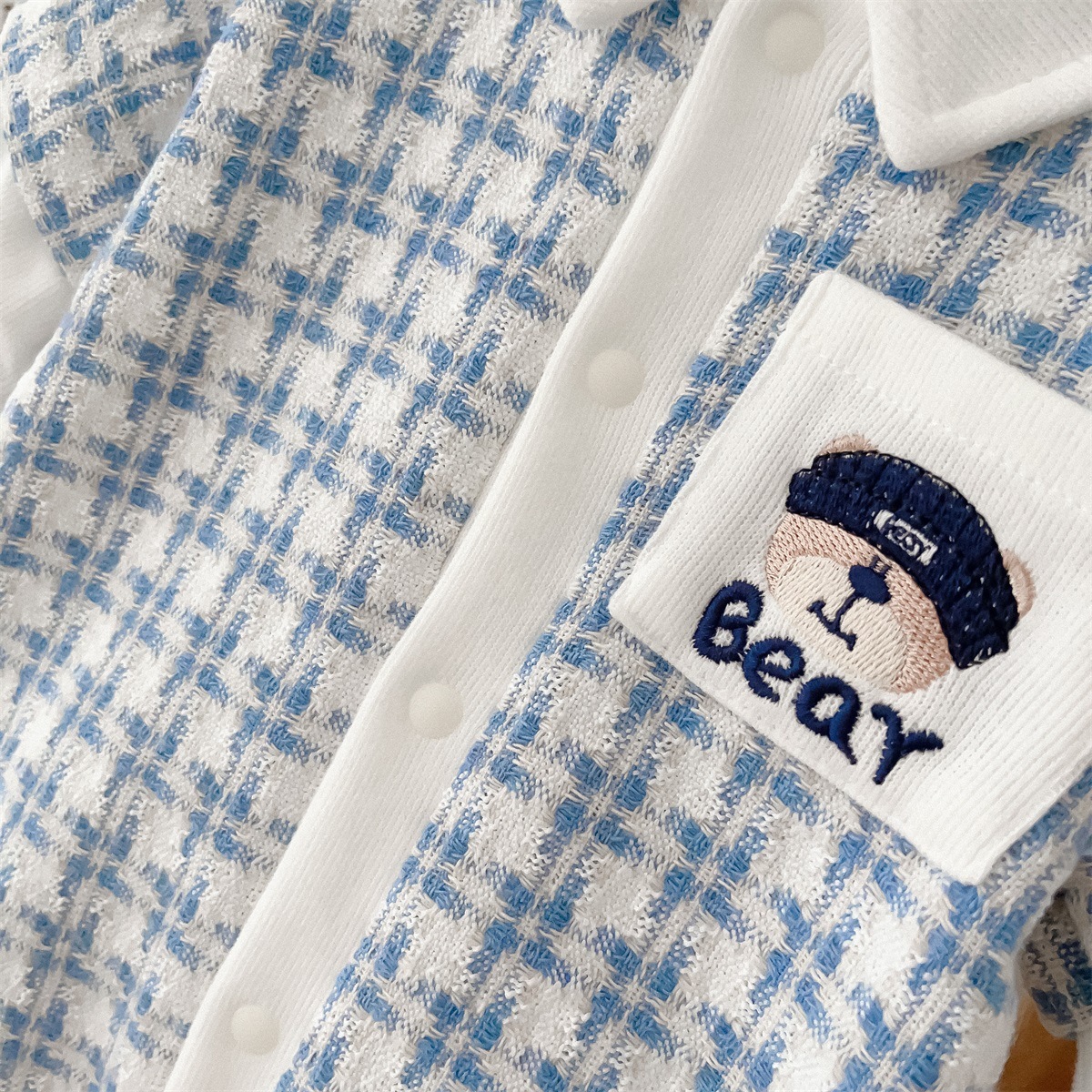 Bear Pocket Emblem Houndstooth Romper