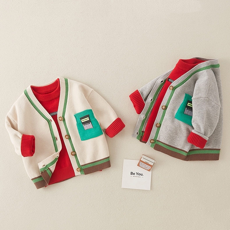 Baby Boy Bar Code Patch Block Color Long Sleeve Knitted Coat-kissminis