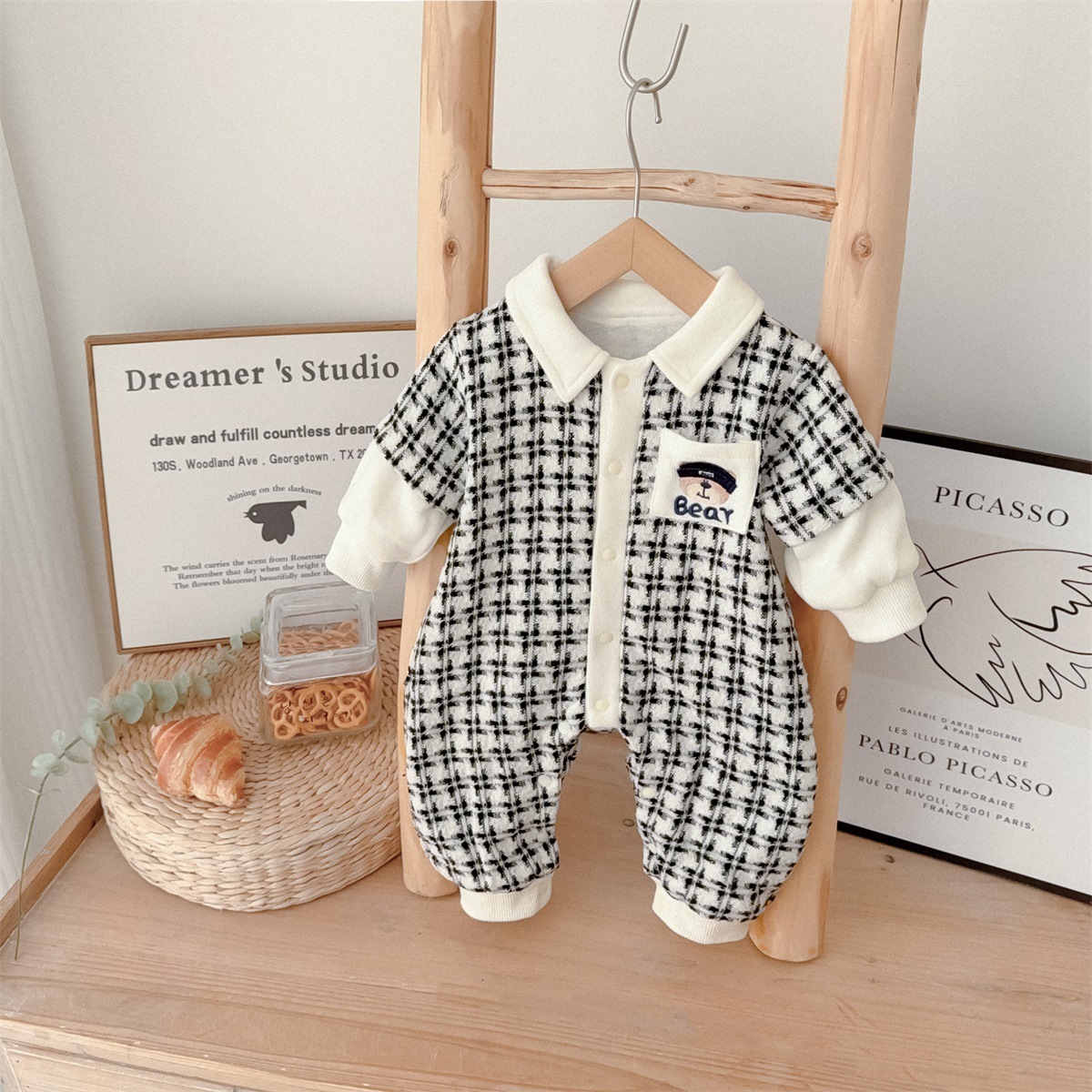 Bear Pocket Emblem Houndstooth Romper