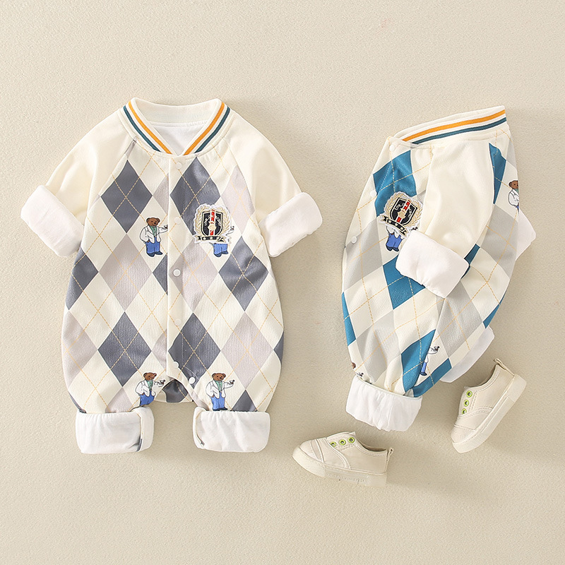 Baby Boy Bear Embroidery Rhomb Long Sleeve Romper-kissminis