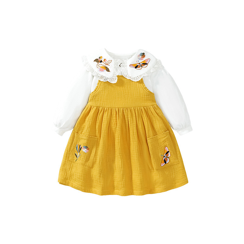Baby Girl Toddler Flower Embroidery Pattern Overall Dress and Shirt Set-kissminis