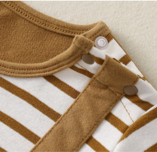 Baby Boy/Girl False Two Piece Bear Embroidery stripe Light Brown Long Sleeve Romper-kissminis