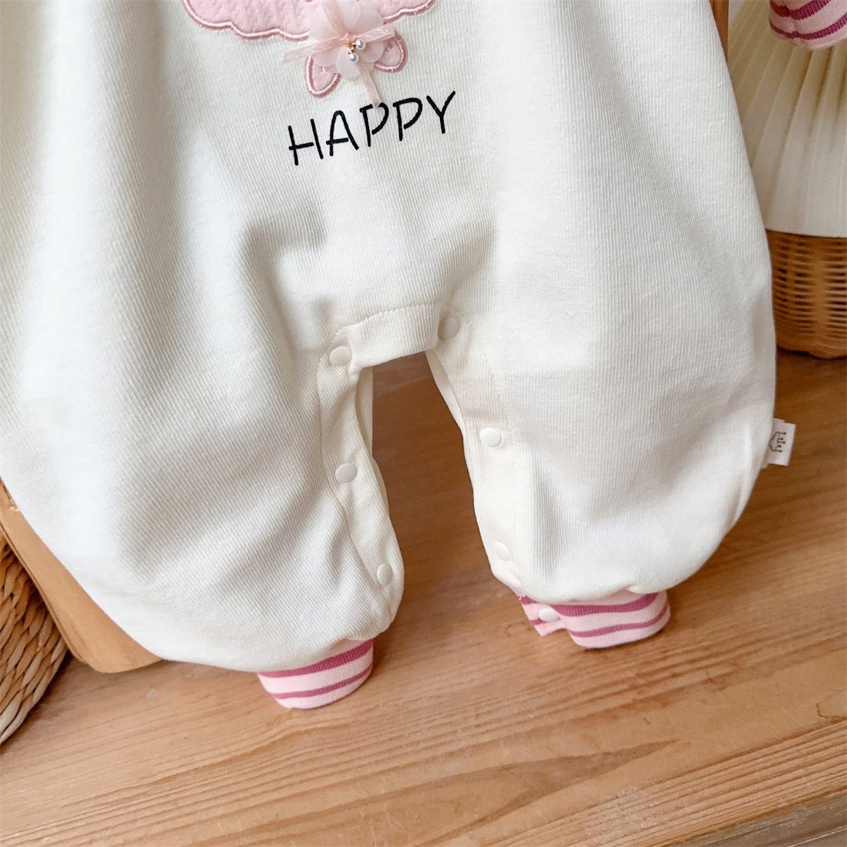 Bunny Face Design and “HAPPY”Text Pink and Cream Romper