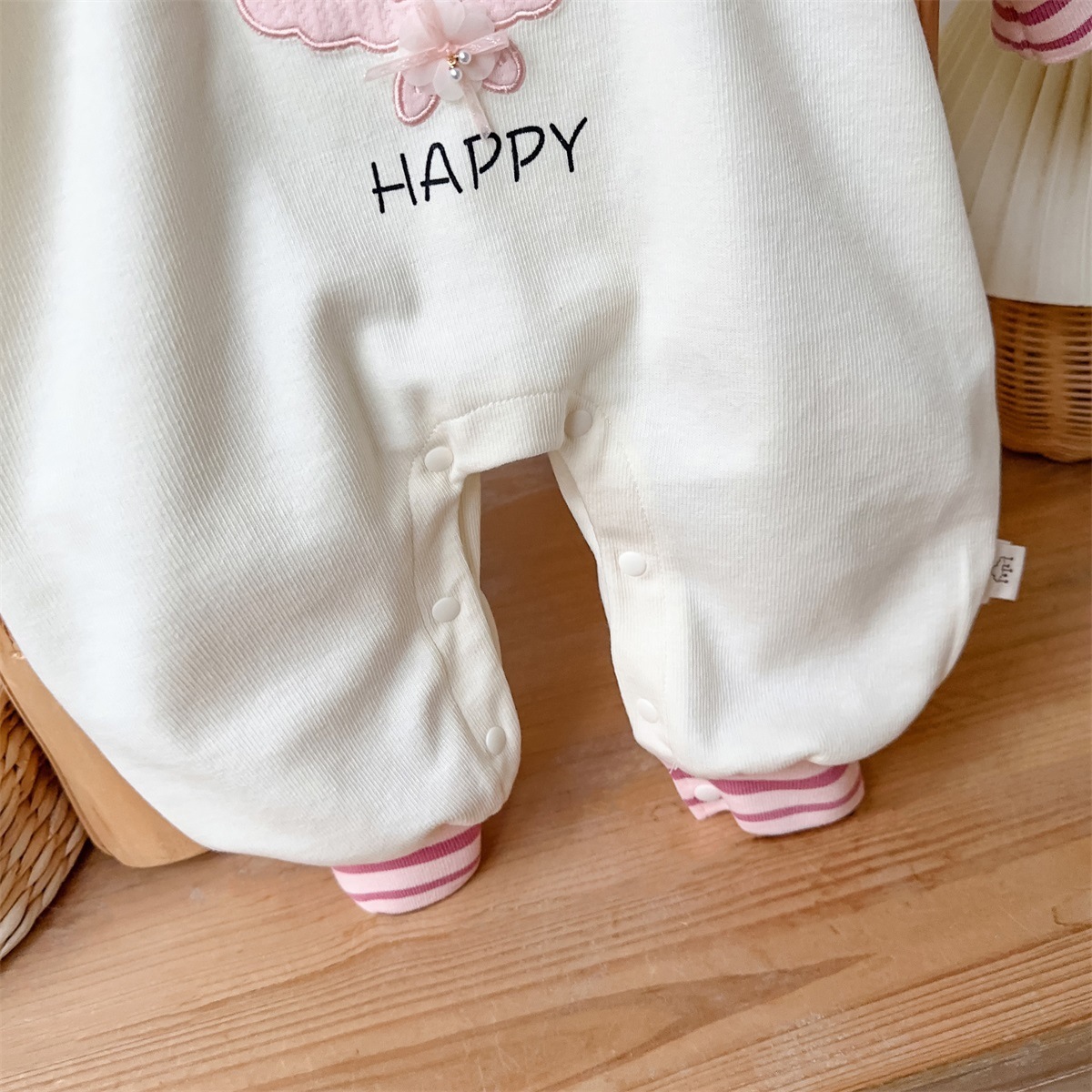 Bunny Face Design and “HAPPY”Text Pink and Cream Romper