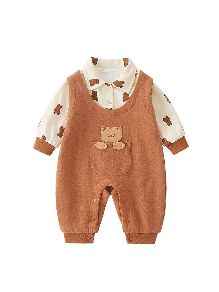Baby Cartoon Bear Graphic Mock Two Pieces Long Sleeve Romper-kissminis