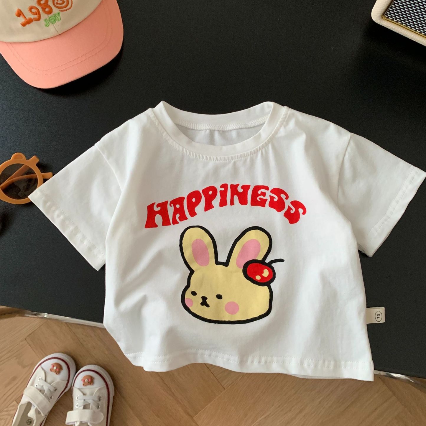 Baby Toddler Girl Block Color Suspender Pocket Embroideried Bear Denim Drress & Casual Large Rabbit Print T-shirt Set