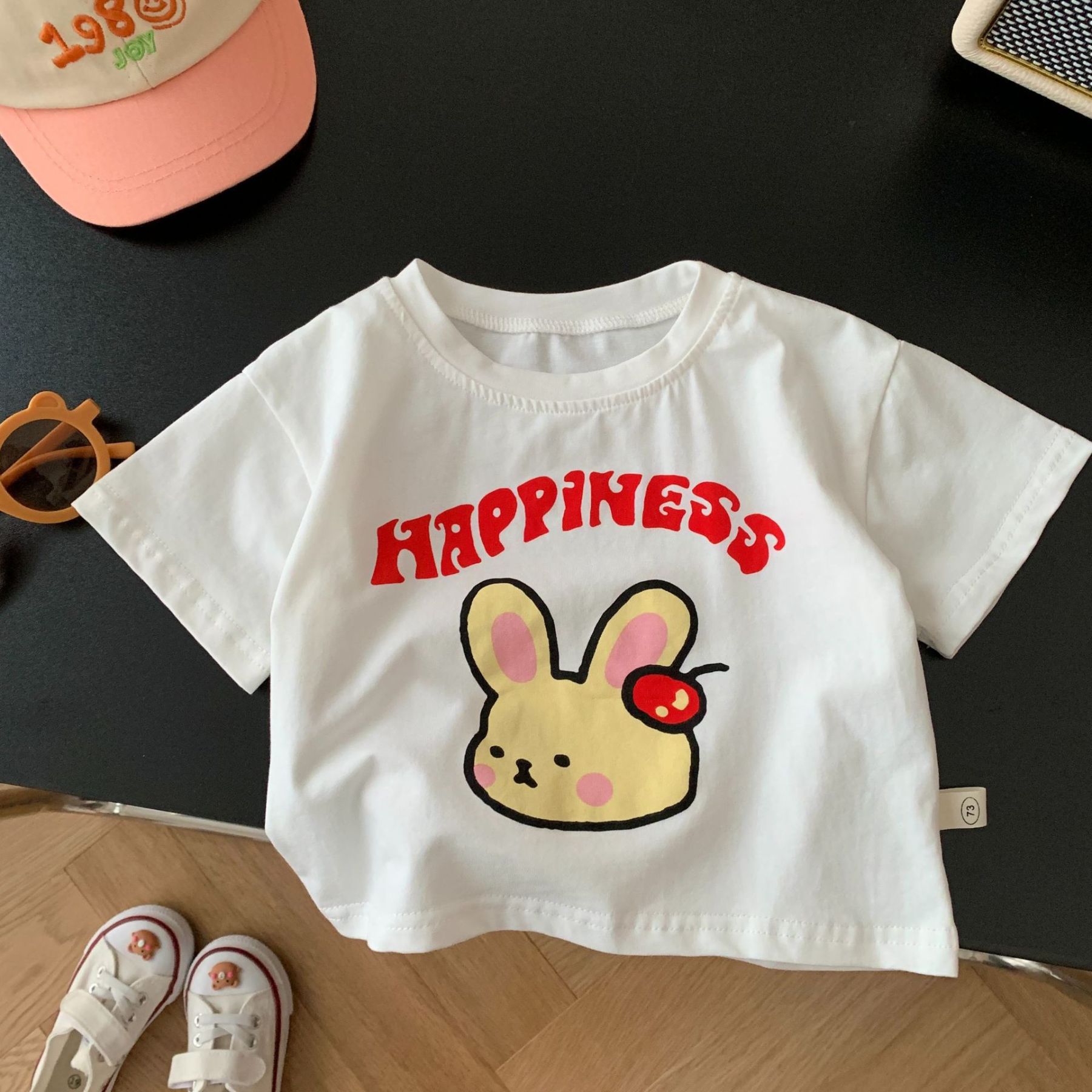Baby Toddler Girl Block Color Suspender Pocket Embroideried Bear Denim Drress & Casual Large Rabbit Print T-shirt Set