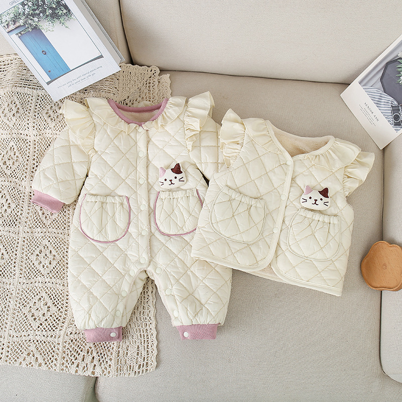 Baby Boy/Girl Thicken Fleece Cute 3D Cat Design Graphic Long Sleeve Romper-kissminis