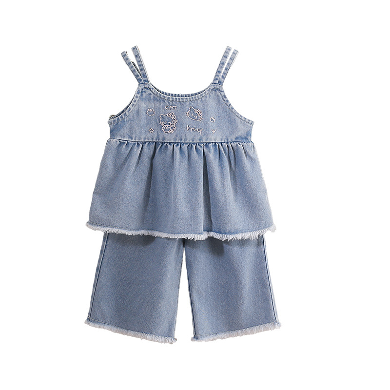 Denim Spaghetti - strap Ruffled Top Embroidery and Denim Culottes Set