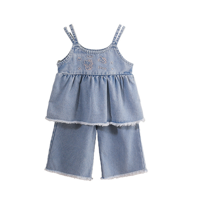 Denim Spaghetti - strap Ruffled Top Embroidery and Denim Culottes Set