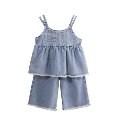 Denim Spaghetti - strap Ruffled Top Embroidery and Denim Culottes Set