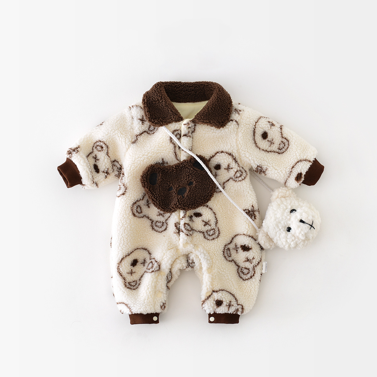 Winter Baby Boy Allover Bear Graphic Fluff Long Sleeve Romper-kissminis