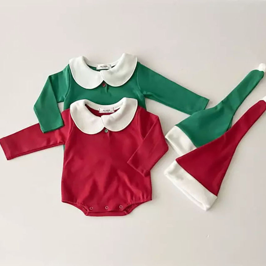 2pcs Baby Boy/Girl Christmas Style Solid Color Long Sleeve Bodysuit with Hat Set-kissminis