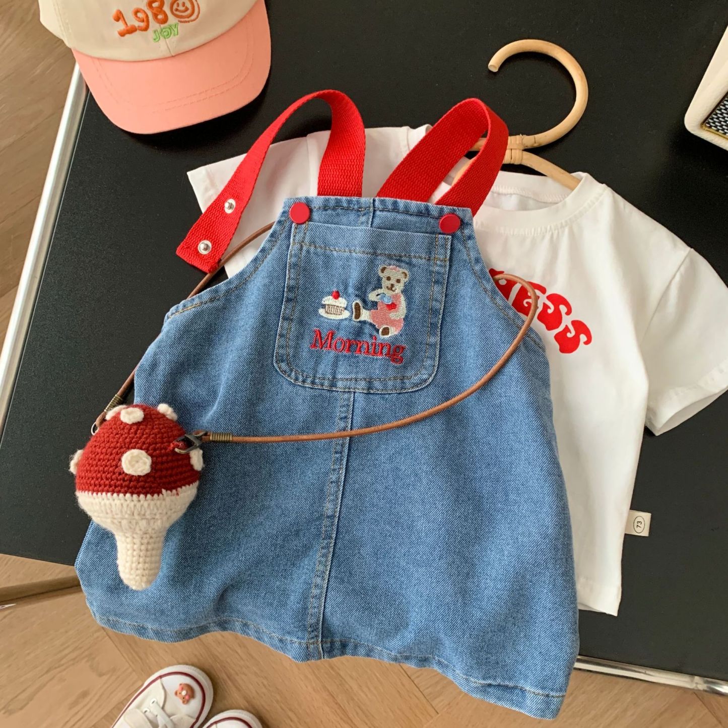 Baby Toddler Girl Block Color Suspender Pocket Embroideried Bear Denim Drress & Casual Large Rabbit Print T-shirt Set
