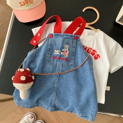 Baby Toddler Girl Block Color Suspender Pocket Embroideried Bear Denim Drress & Casual Large Rabbit Print T-shirt Set