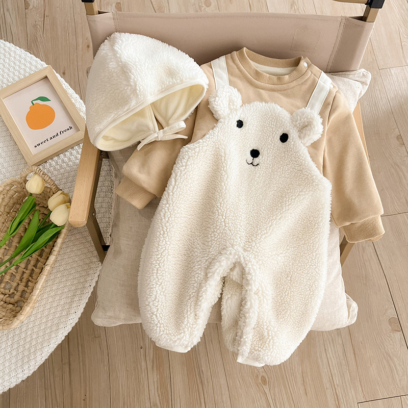 Baby Boy Cute Bear Design Fake Two Pieces Long Sleeve Romper and Hat Set-kissminis