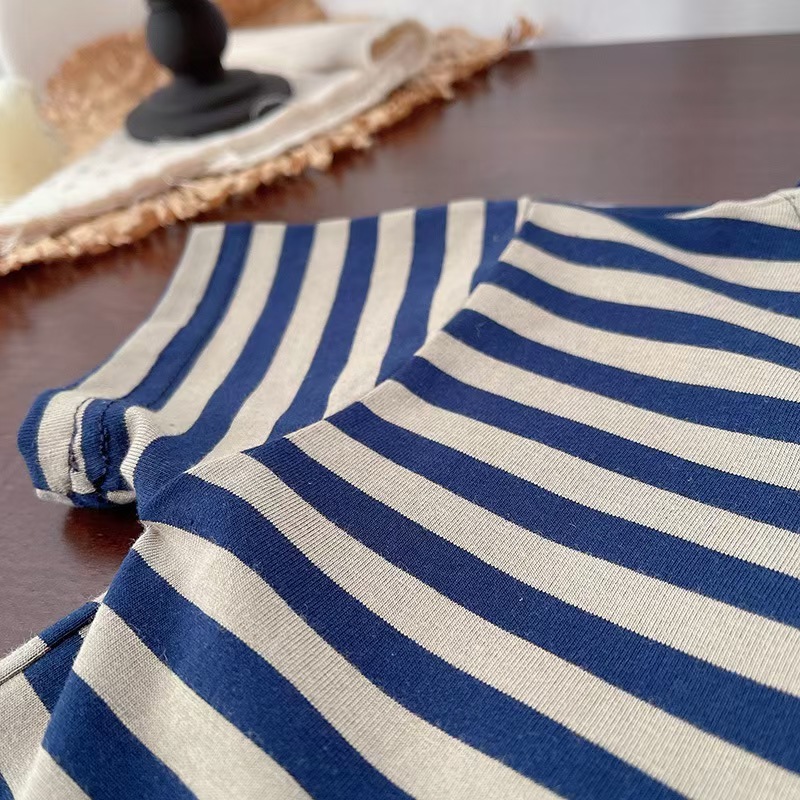 Navy and Beige Striped Polo Short Sleeve Shirt and Brown Shorts Set