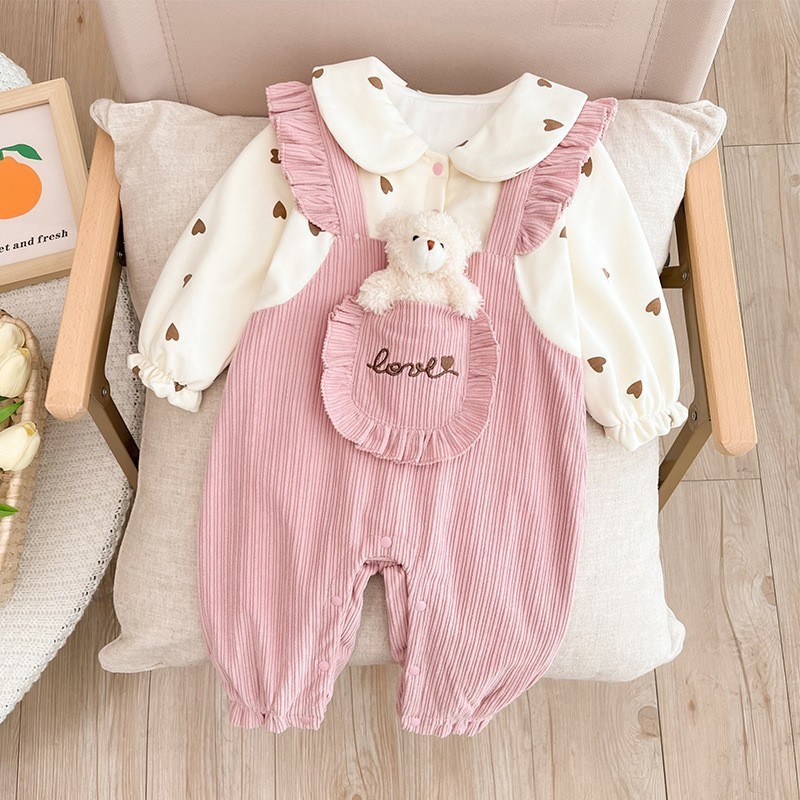 Baby Girl Cute 3D Pocket Bear Design Long Sleeve Romper-kissminis