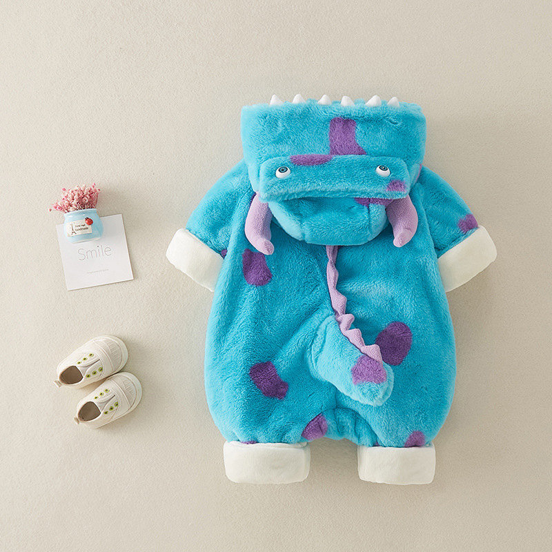 Cute Monster Sully Design Solid Color Fluff Hooded Romper