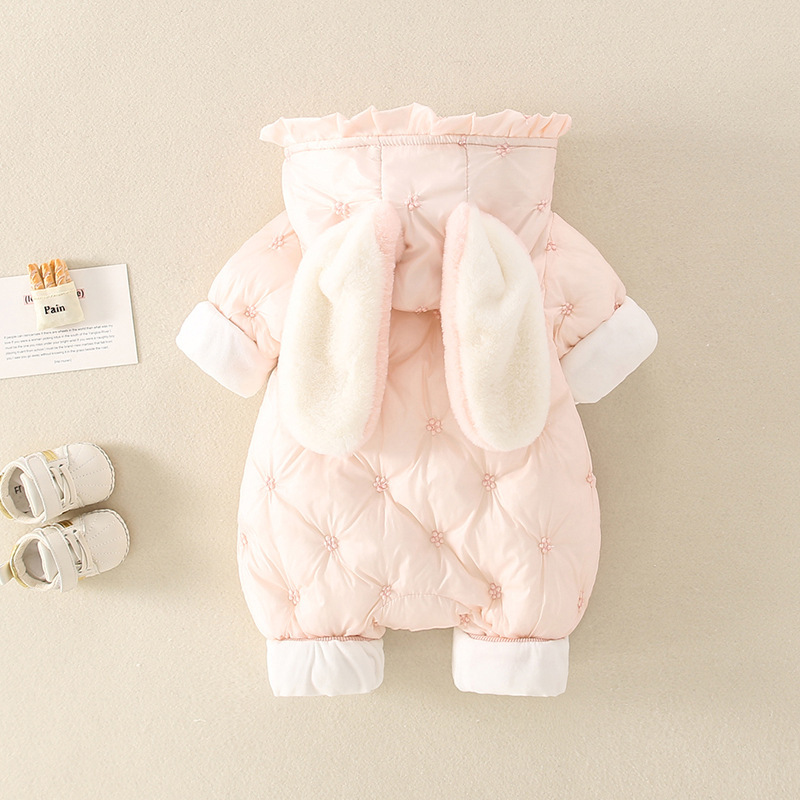 Baby Girl Winter Cute Rabbit Ears Design Long Sleeve Hooded Romper-kissminis
