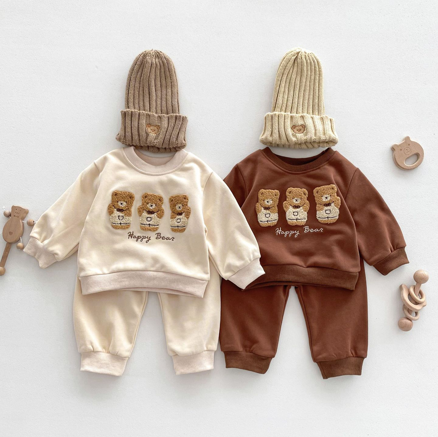 2pcs Baby Boy/Girl Bear Embroidered Long Sleeve Sweatshirt with Pants Set-kissminis