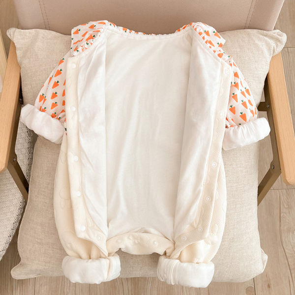 Baby Girl Cute Carrot and Allover Rabbit Pattern Fake Two Pieces Long Sleeve Romper-kissminis