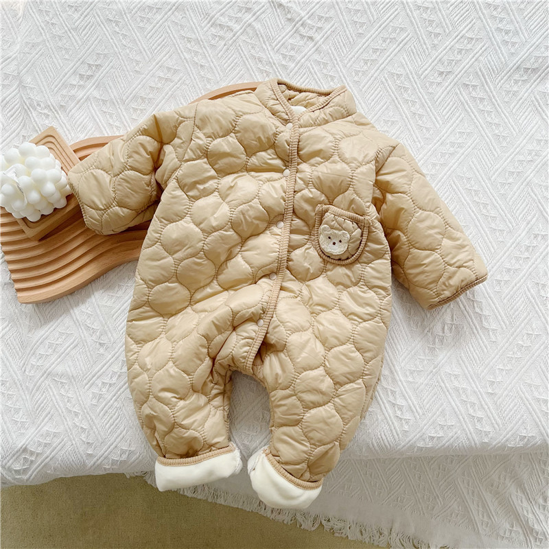 3pcs Baby Boy/Girl Cute Bear Pattern Pocket Solid Color Fluff Long Sleeve Romper with 1 Hat and 1 Scarf-kissminis