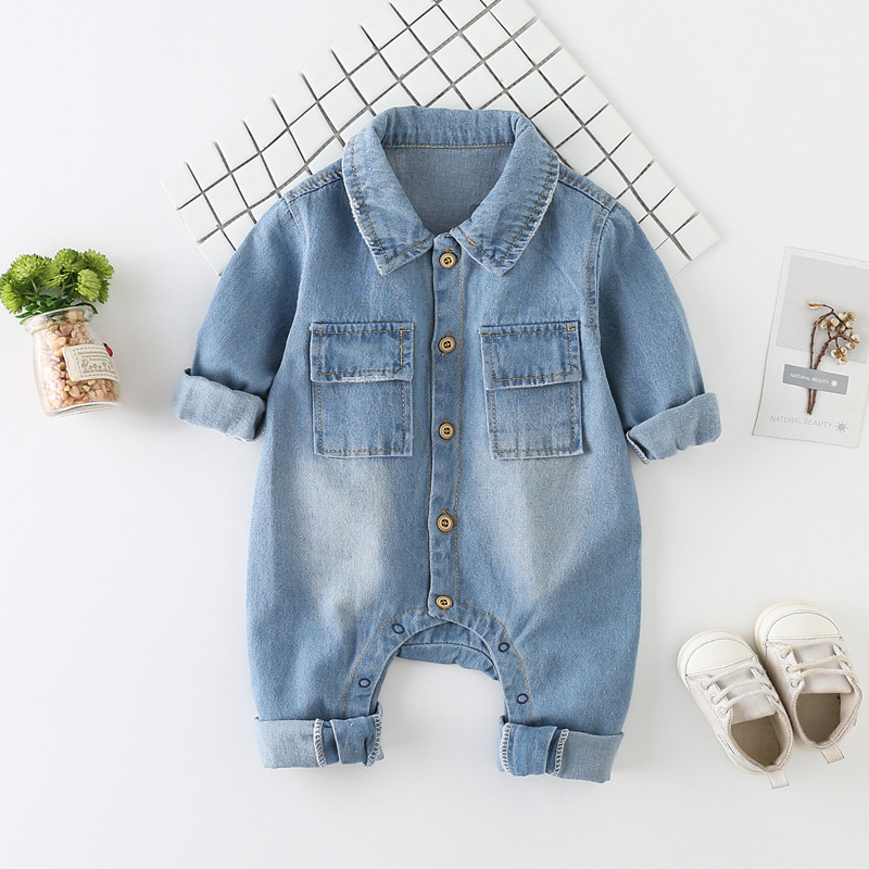 Baby Rainbow and Giraffes graphics Denim Polo Collar Romper-kissminis