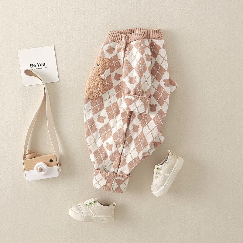 Baby Boy/Girl Cotton Bear Graphic Plaid Knitted Romper-kissminis