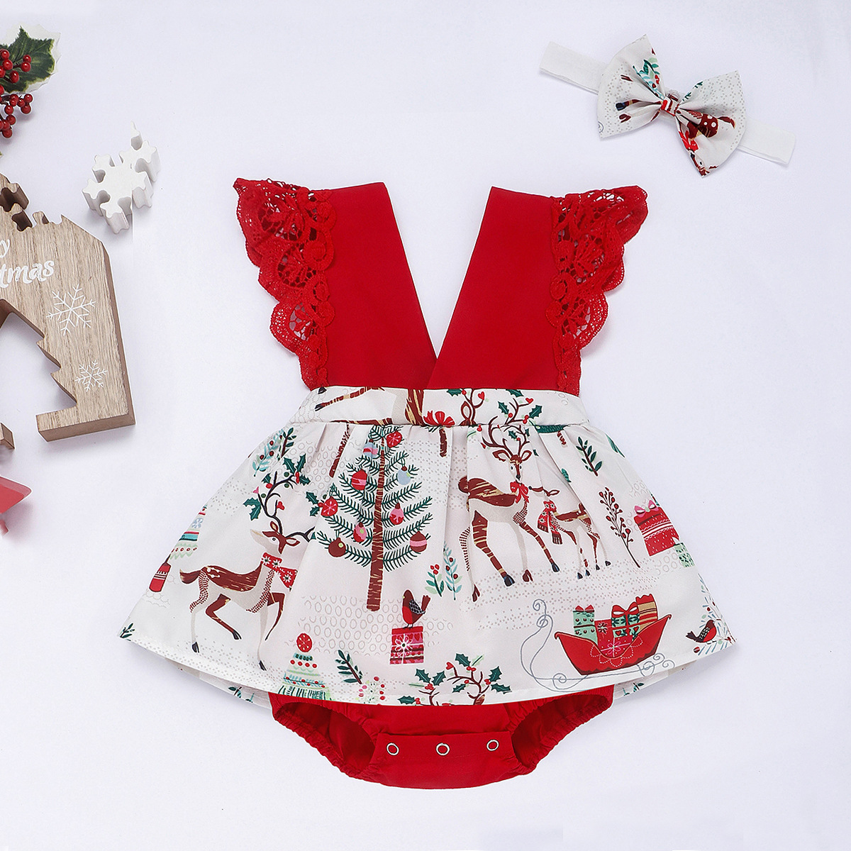 2pcs Baby Girl Christmas Cartoon Lace Sleeveless Romper with Hair Band Set-kissminis