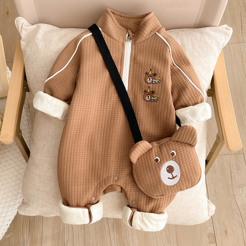 Baby Boy Cute Bear Pattern Stand Collar Long Sleeve Romper and Bag Set-kissminis