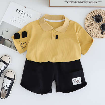 Polo Short-sleeve Shirt with Bear Motif Pocket and Beige Shorts Set