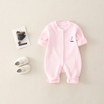 Newborn Baby Boy/Girl Ribbed Sailboat Patch Solid Color Botton Up Long Sleeve Romper