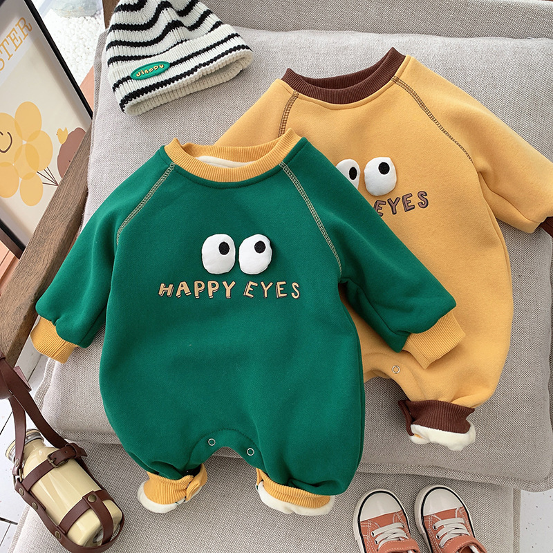Newborn Baby Boy/Girl Cartoon Eyes Graphic Winter Fleece Long Sleeve Romper-kissminis