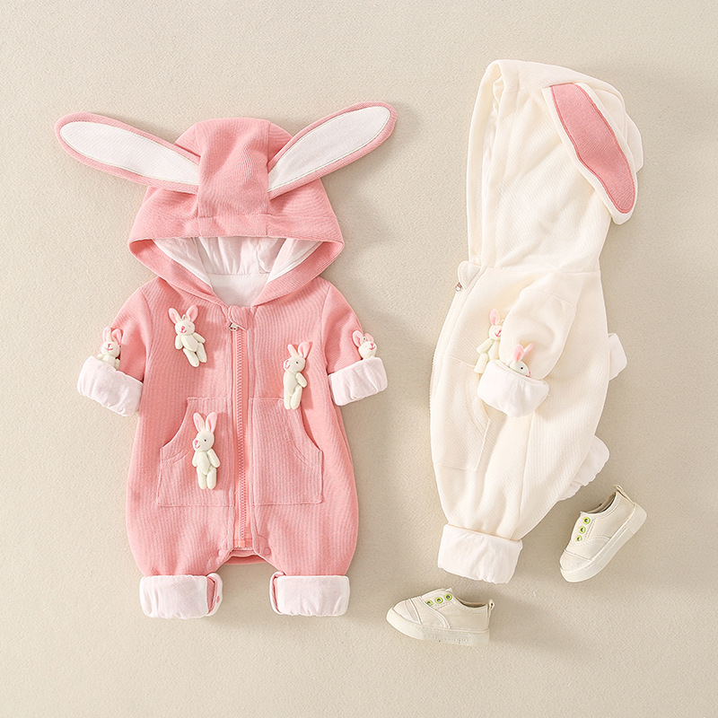 Baby Girl Cute 3D Rabbit Zippered Long Sleeve Romper-kissminis