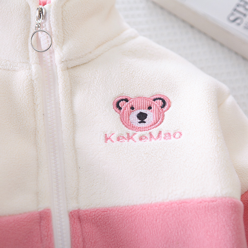 Toddler Boy Cute Bear Pattern Stand Collar Zipper Cardigan Three Piece Set-kissminis